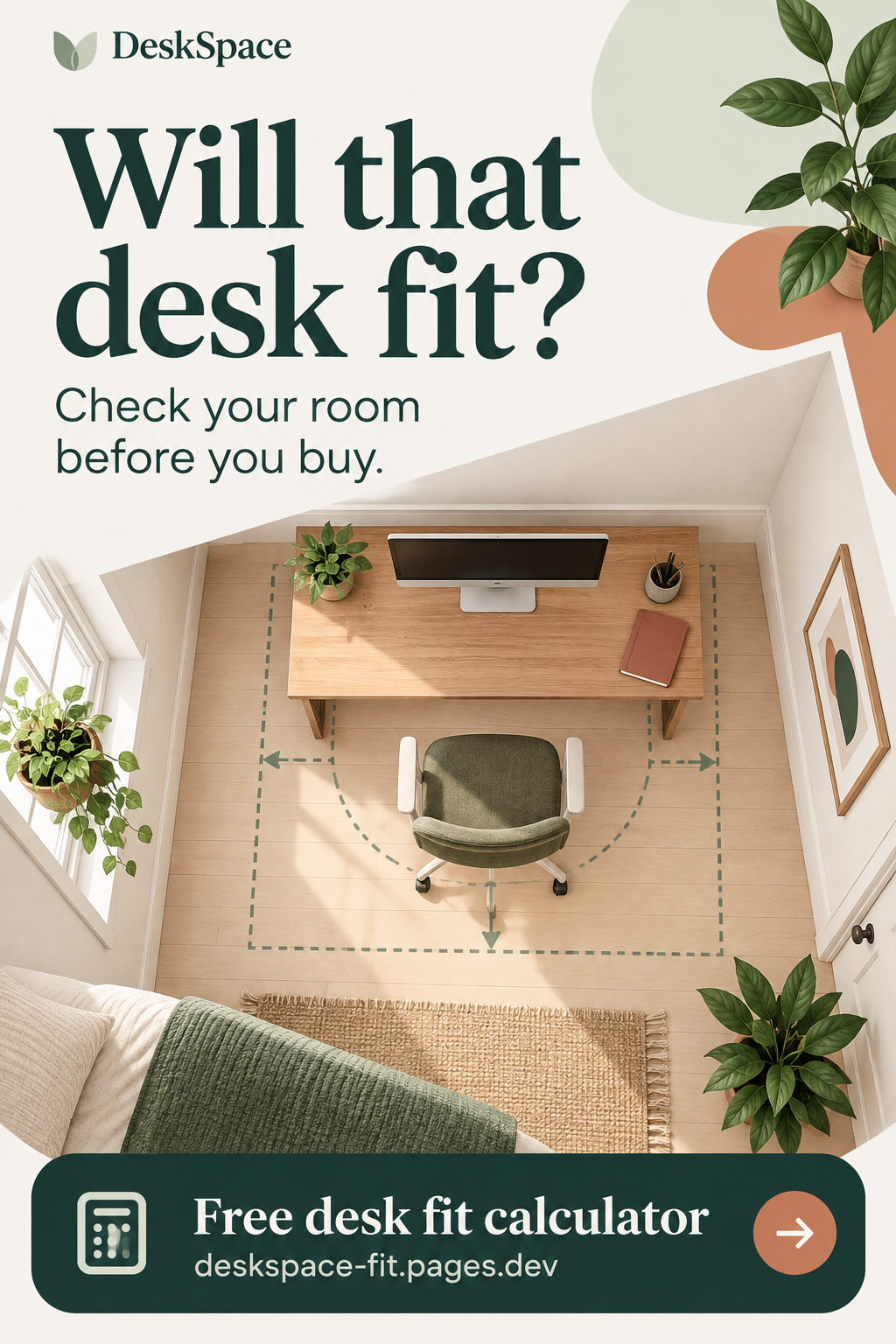 Illustrated desk and chair footprint for a small room.