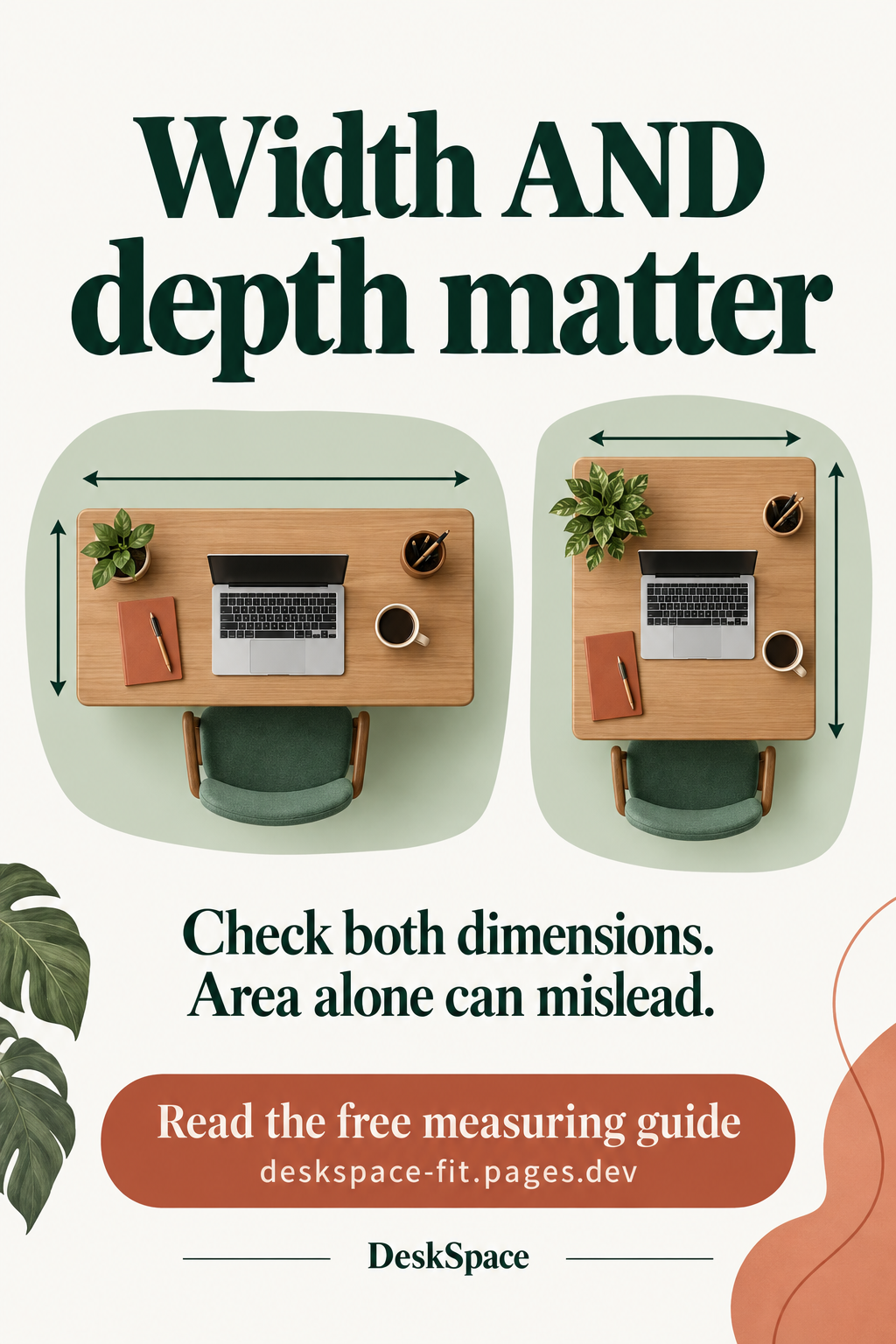Two illustrated desks with different width and depth proportions.